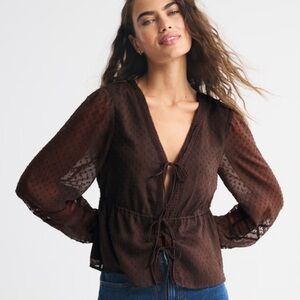 Abercrombie & Fitch Long-Sleeve Tie-Front Brown Lace Top NWOT